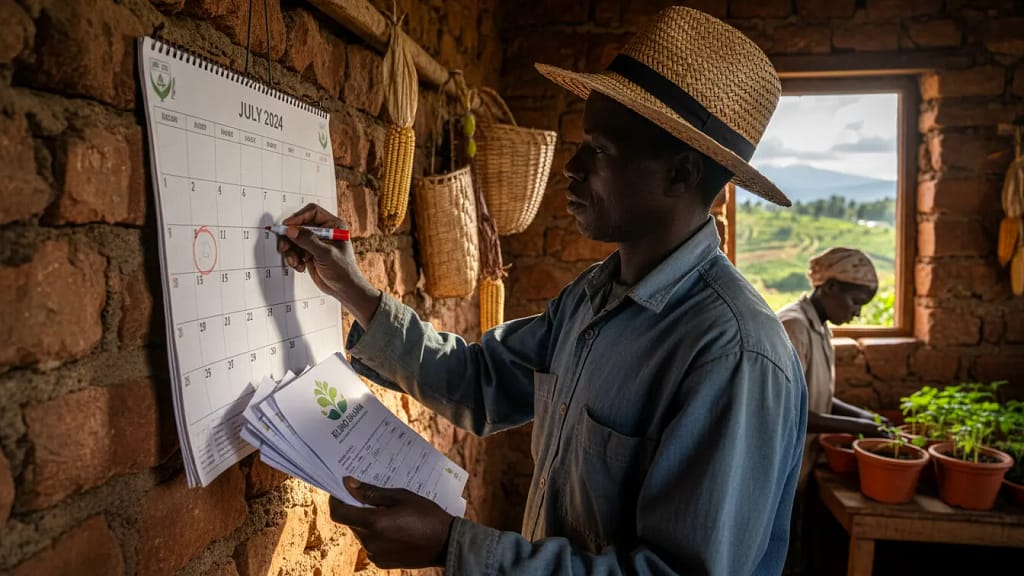 A farmer marking dates on a wall calendar while holding insurance documents
