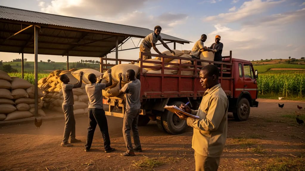 A truck being loaded with bags of maize at a cooperative depot while a manager checks a clipboard