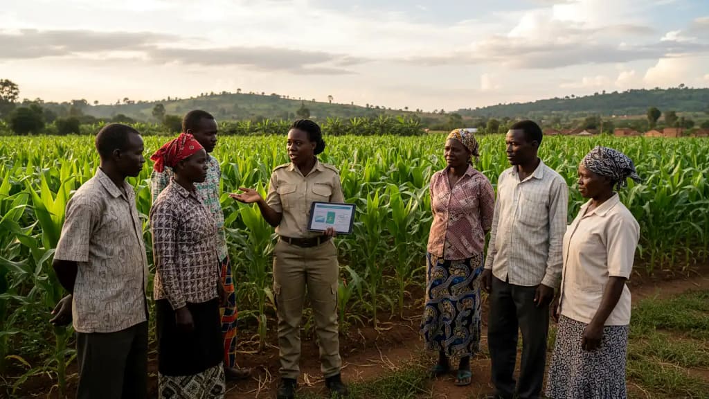 Agricultural officer using a tablet to explain insurance policy terms to a group of maize farmers