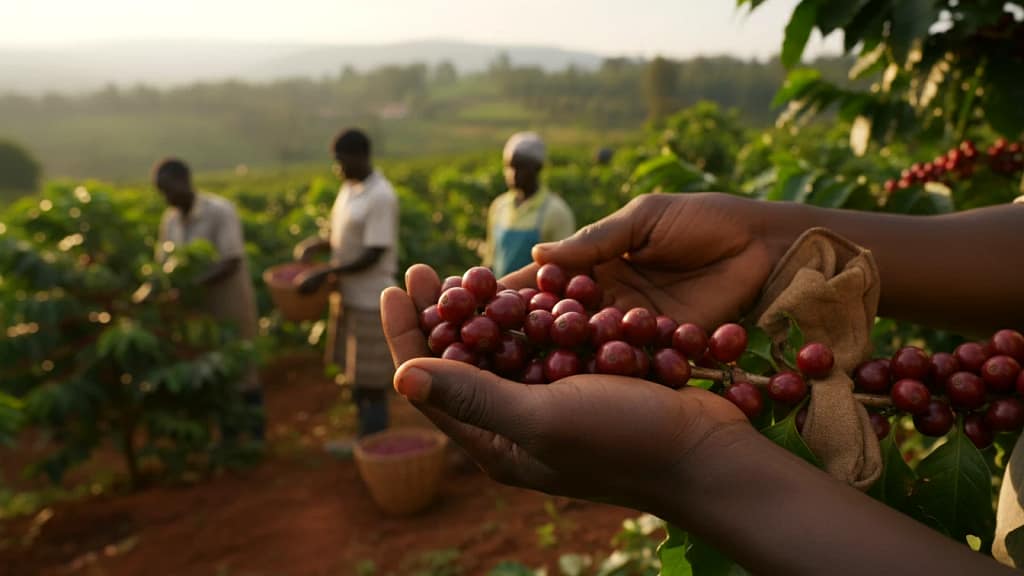 A close-up action shot of a farmer's hands inspecting the deep red cherries of a healthy Batian coffee tree during harvest in Kiambu