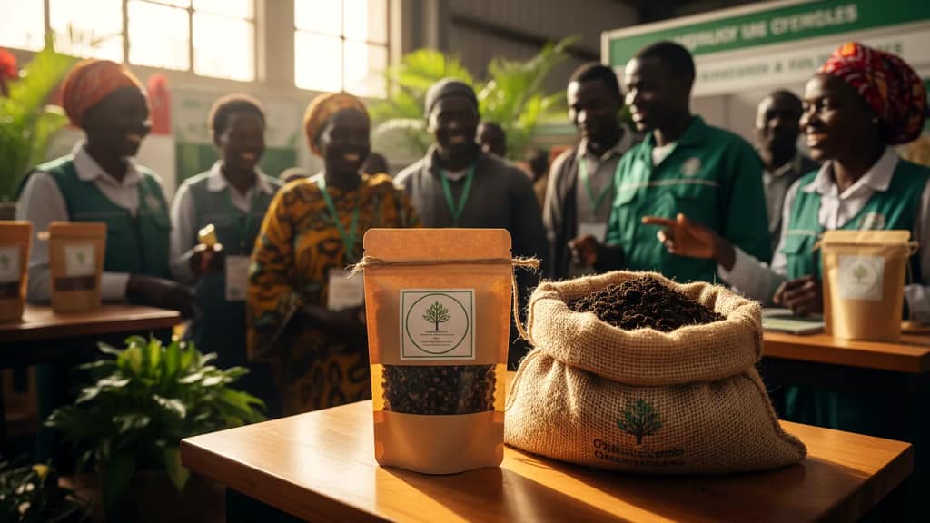 A branded packet of dried BSF larvae and a bag of organic frass fertilizer displayed on a wooden table at an agribusiness exhibition in Nairobi