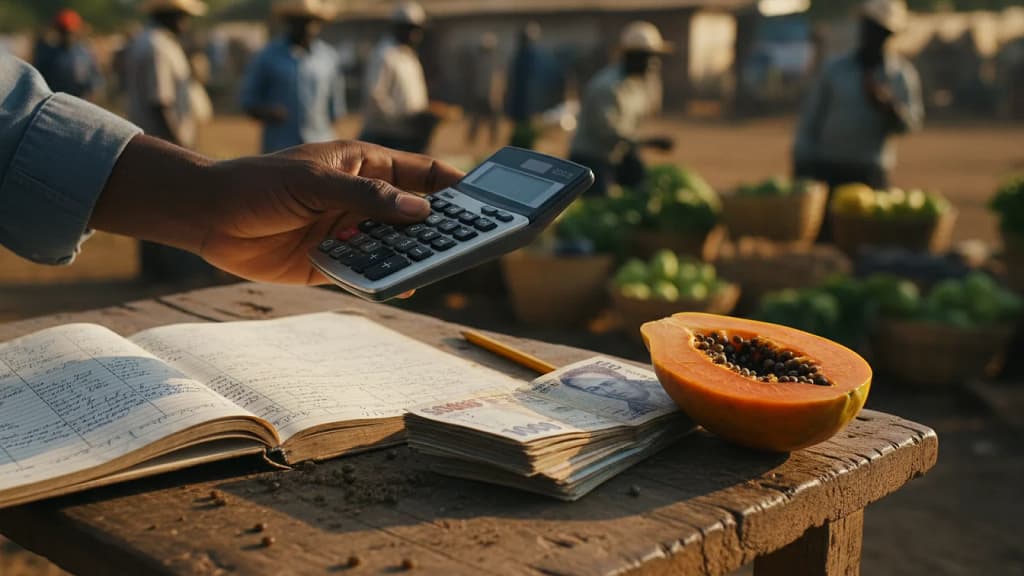 A close-up of a hand holding a calculator over a ledger book with KES currency notes and a papaya fruit on a table in Nairobi.