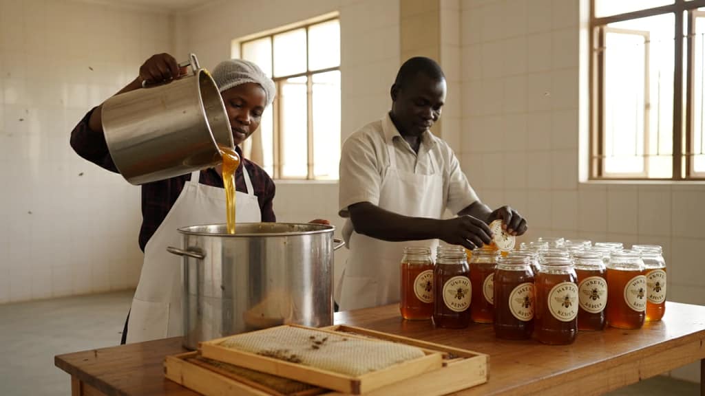 Two people in white aprons are processing honey in a clean indoor facility in Kenya
