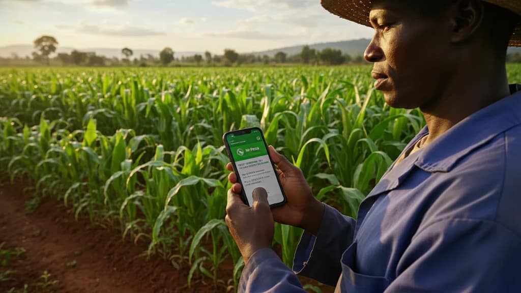 A close-up shot of a Kenyan farmer in Uasin Gishu holding a smartphone displaying an M-Pesa loan confirmation message