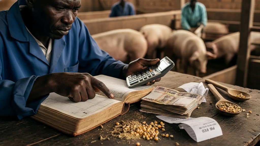 A detailed close-up of a Kenyan farmer holding a ledger book and a calculator