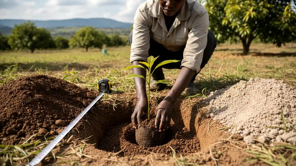 A detailed infographic-style illustration of a farmer planting an avocado seedling
