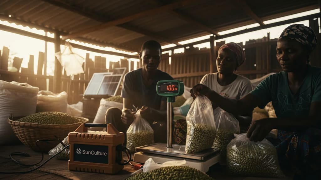 A group of Kenyan farmers weighing and packaging green grams into 1kg bags using a digital scale powered by a SunCulture battery unit