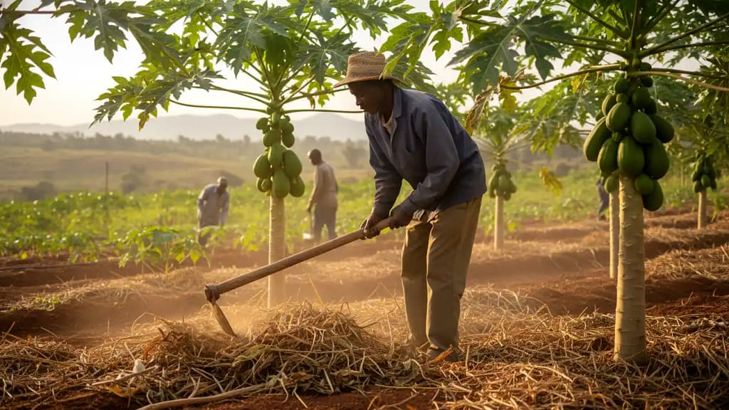 A Kenyan farm worker applying organic mulch around the base of a papaya tree using a hoe in a field in Kisumu.