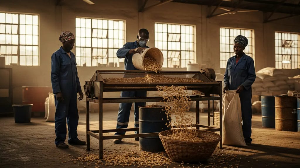 A worker sieving mature BSF larvae from the organic frass fertilizer using a mechanical shaker screen in a warehouse in Kisumu