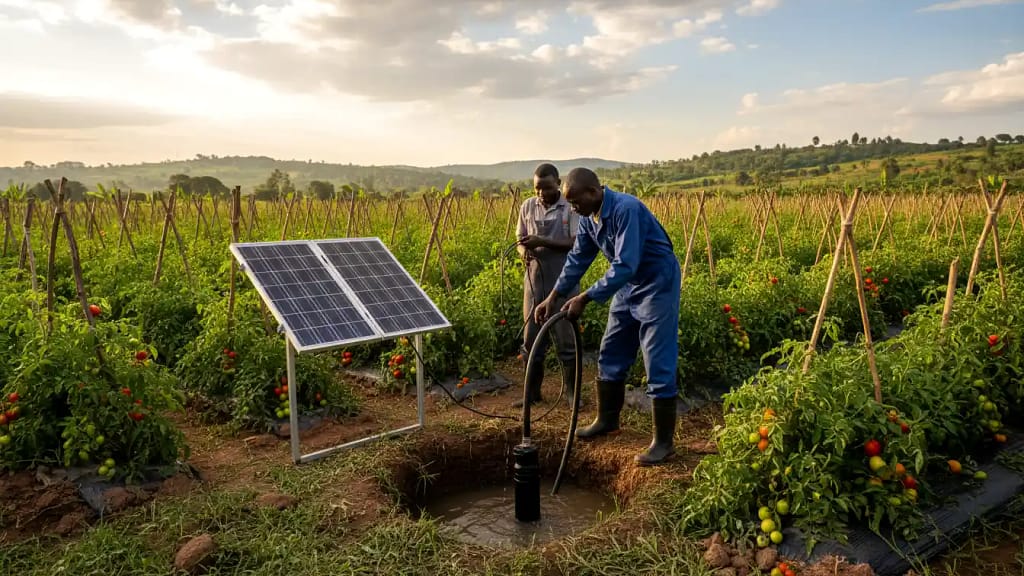 A Kenyan farmer in blue overalls installing a SunCulture RainMaker2 solar pump next to a shallow well in a lush tomato field in Kirinyaga