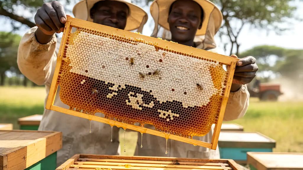 Close-up macro shot of a wooden Langstroth hive frame being pulled out