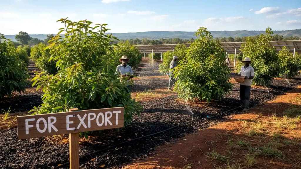 commercial avocado orchard in Kenya, showing neat rows of young trees utilizing drip irrigation