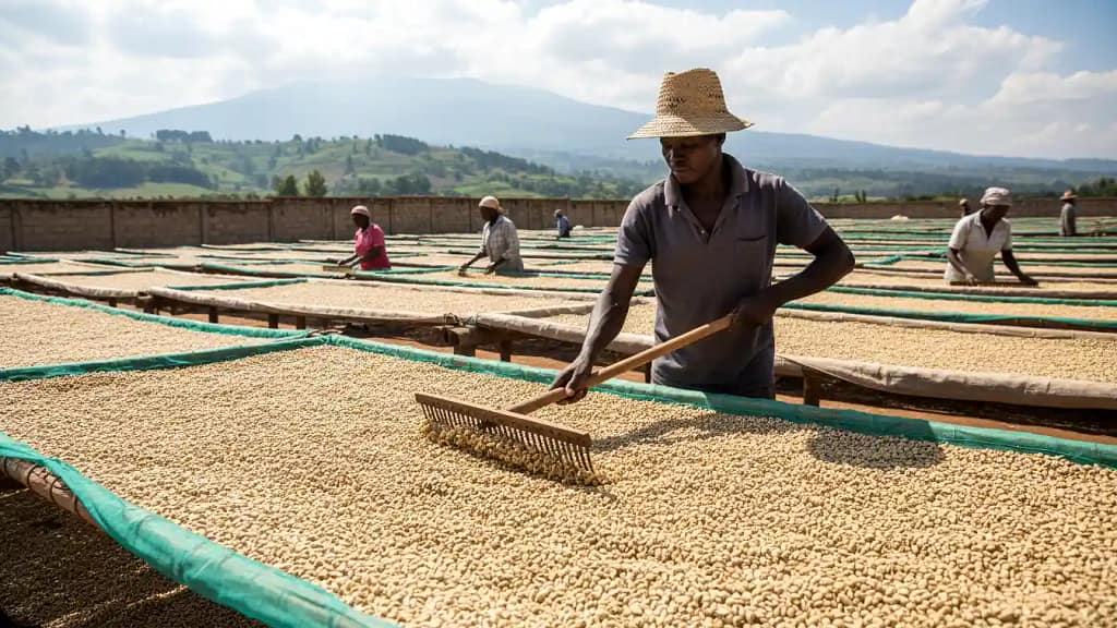 Raised drying beds filled with parchment coffee being raked by a worker under the sun in a coffee factory in Embu