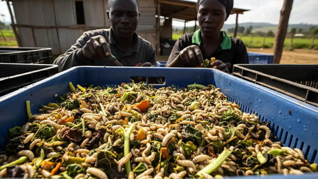Close-up of creamy white Black Soldier Fly larvae aggressively feeding on organic vegetable substrate in a blue plastic crate in Nairobi