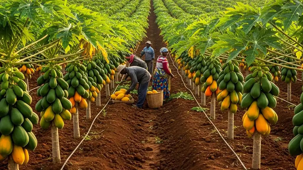 A comparative view of a smallholder papaya farm in Kilifi showing drip irrigation lines running along the base of dwarf trees.