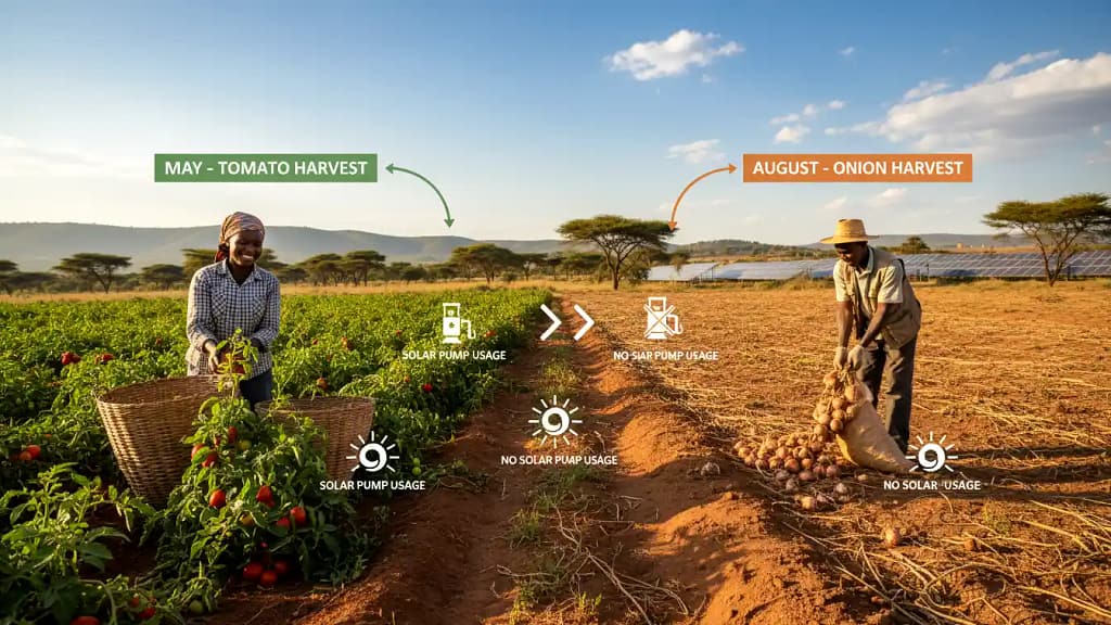 A timeline infographic style image showing a Kenyan farmer harvesting red tomatoes in May and onions in August