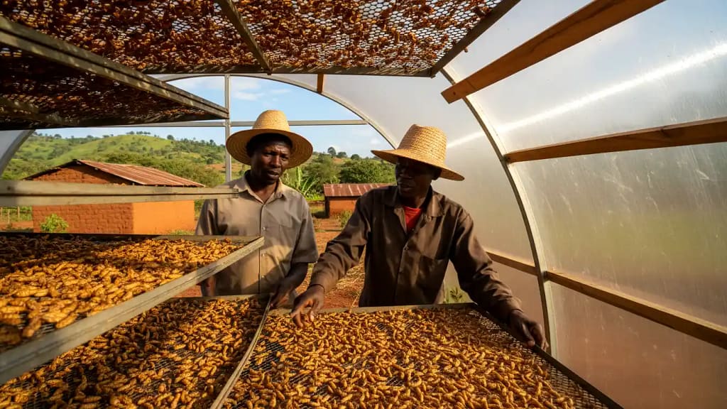 Golden-brown dried Black Soldier Fly larvae spread out on mesh trays inside a solar dryer structure in Murang'a