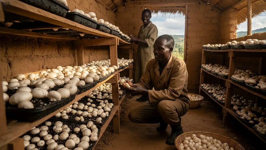 A farmer inspecting healthy white button mushrooms growing on shelves inside a low-cost mud structure in Kiambu