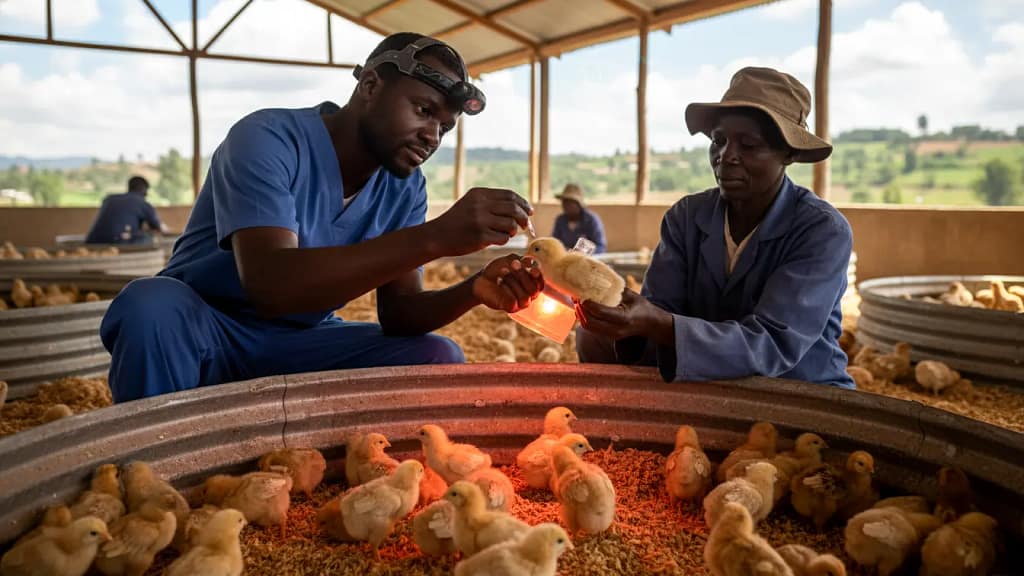 A veterinarian administering an eye-drop vaccine to a week-old Kienyeji chick