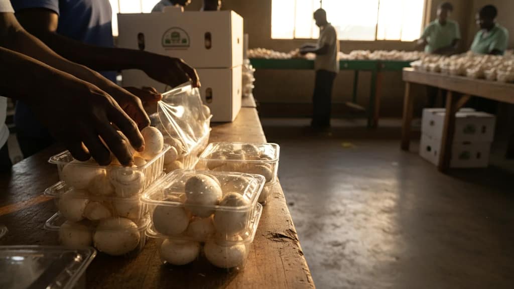 A worker packing fresh white button mushrooms into 250g plastic punnets and applying cling film at a farm packaging station in Nairobi