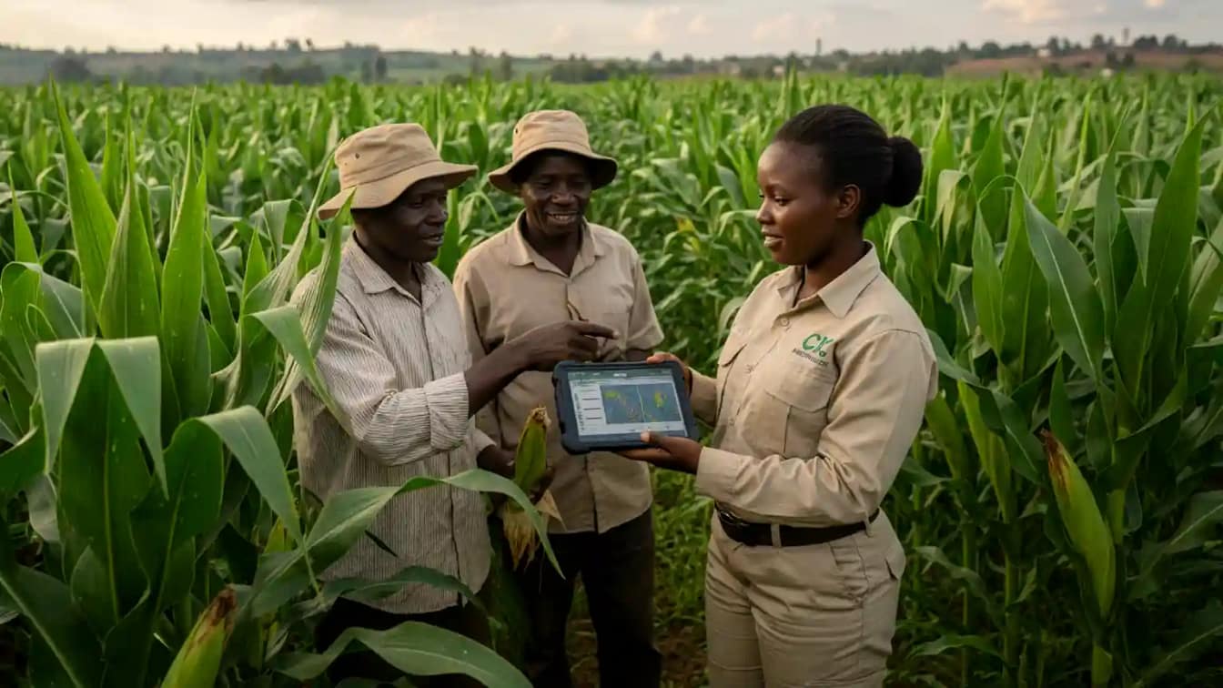 A CIC insurance field agent using a tablet to assess a maize crop yield in a lush green field