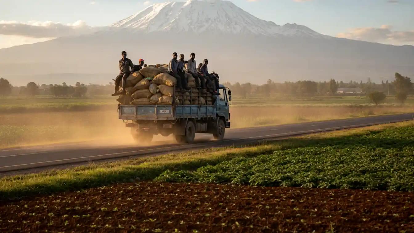 A truck loaded with sacks of potatoes driving on a highway with Mt Kenya in the background