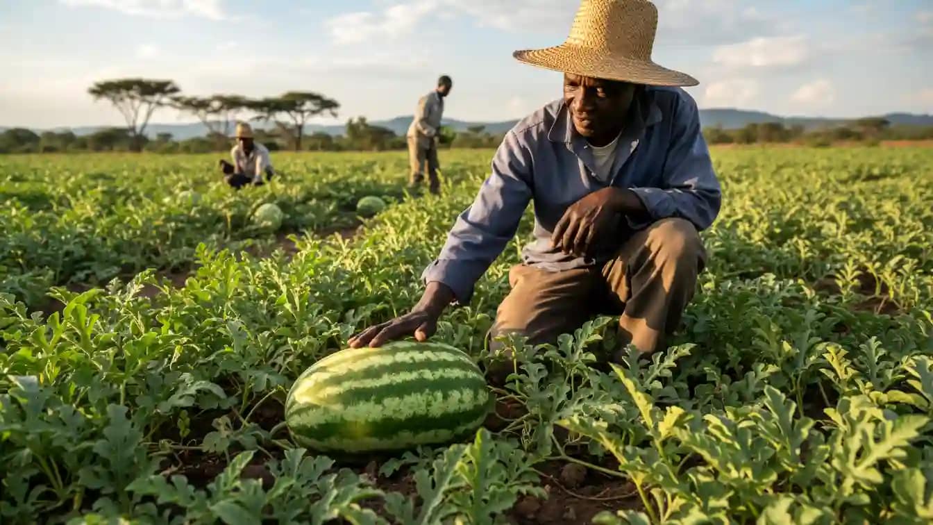 A Kenyan smallholder farmer, wearing a wide-brimmed straw hat, kneels in a lush field of watermelon vines, resting his hand on a large, ripe, striped fruit.
