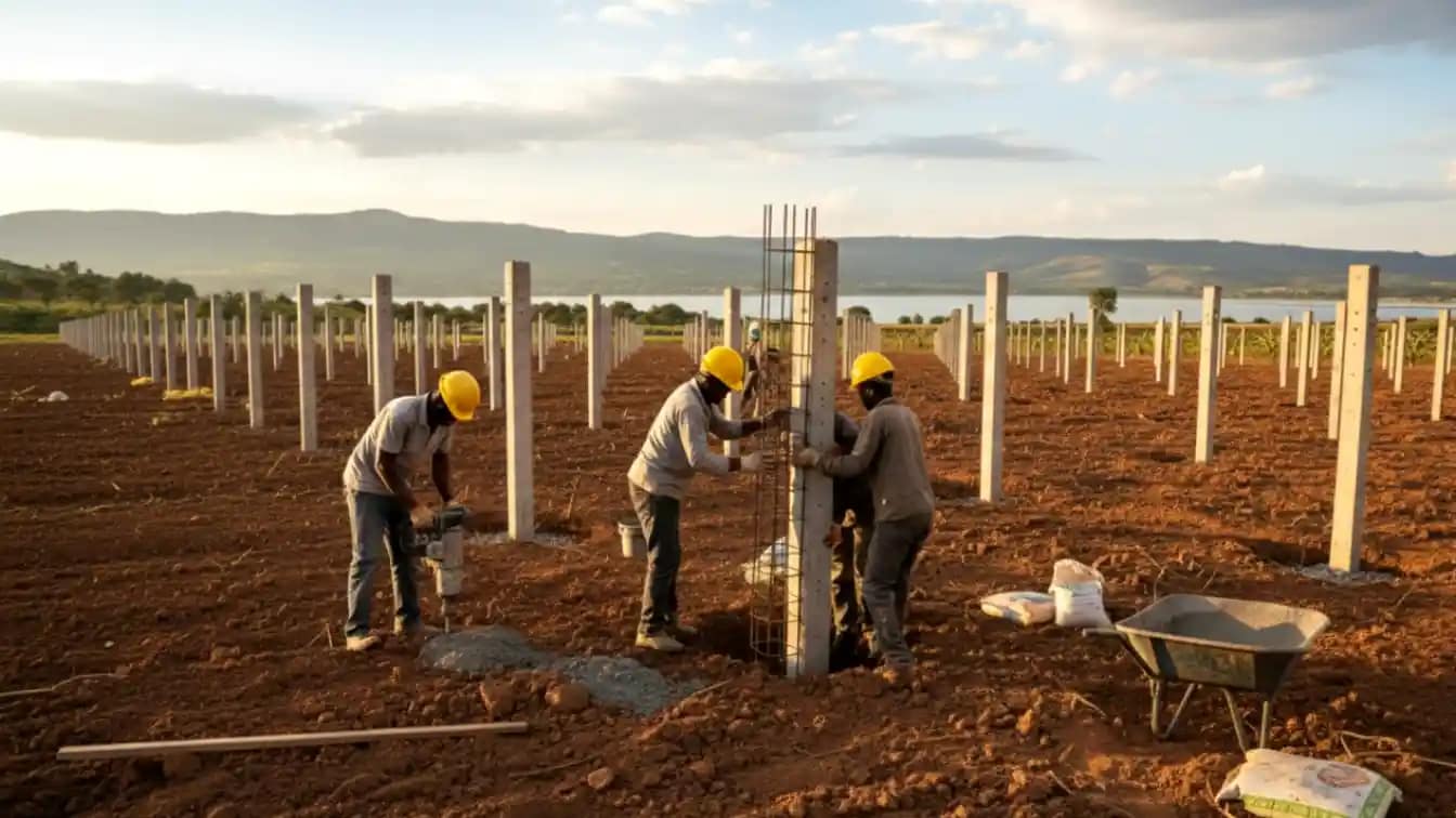 Construction workers installing reinforced concrete pillars in a grid pattern on a prepared farm in Naivasha