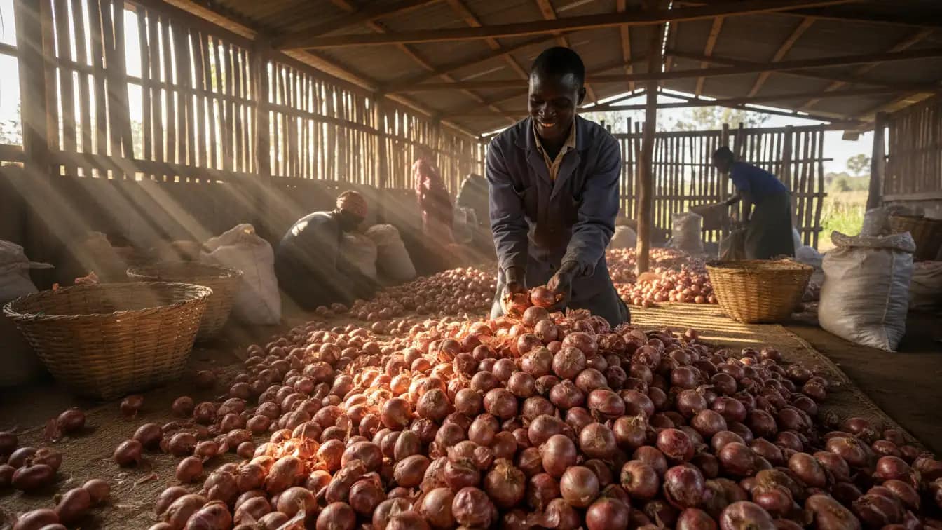 A farmer inspecting a bountiful harvest of deep red onions piled in a curing shed in Nyeri