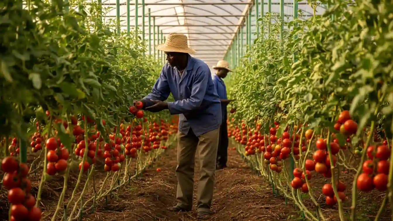 A farmer inspecting healthy red tomatoes on trellised plants inside a greenhouse in Kajiado County.