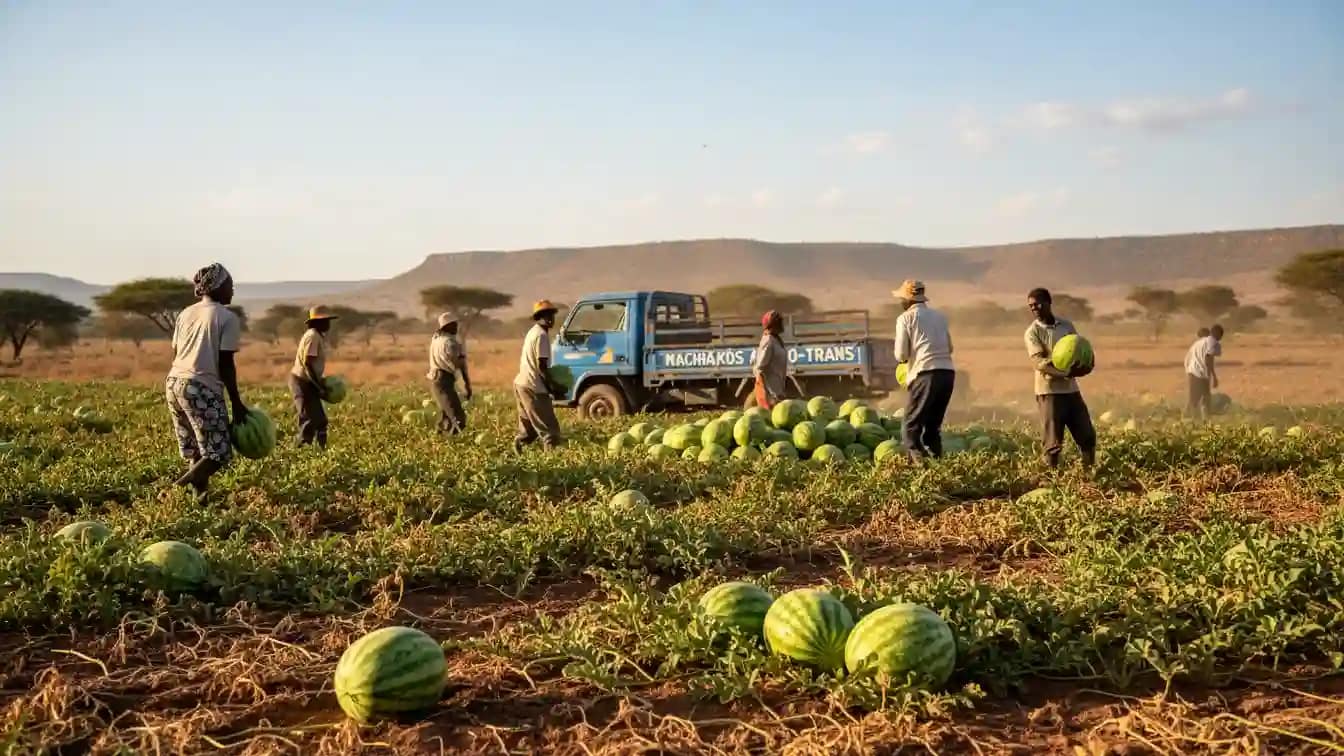 A group of farm workers harvesting large green watermelons and piling them near a truck during the sunny dry season
