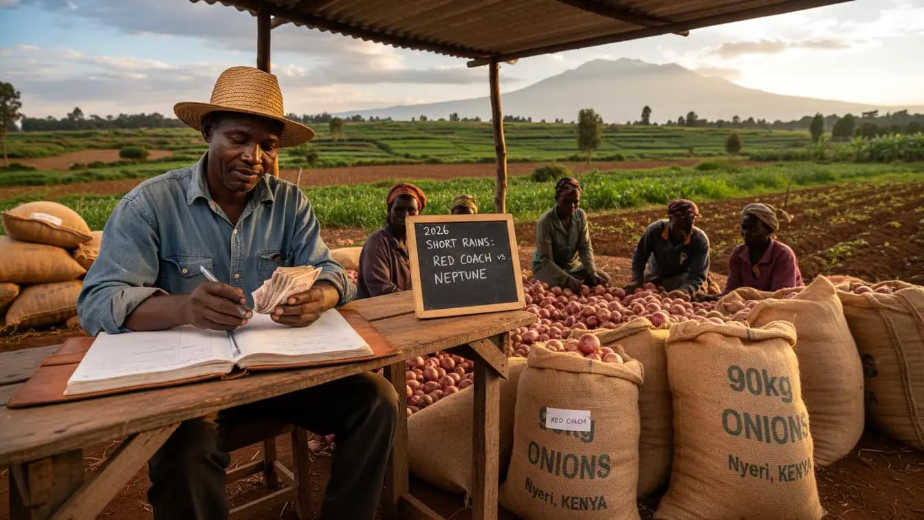 A farm manager counting cash and recording expenses in a ledger next to stacked 90kg bags of onions at a collection point in Nyeri