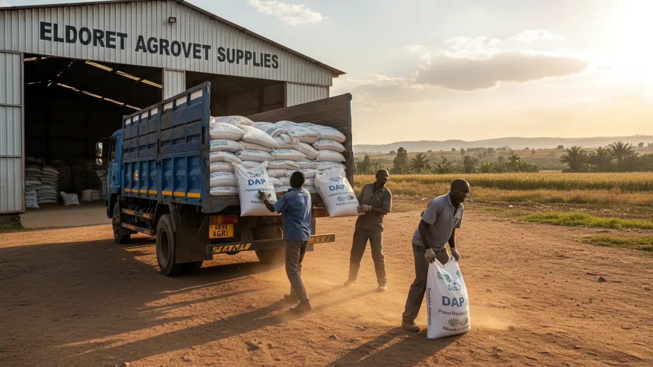A delivery truck being loaded with 50kg bags of DAP fertilizer outside a large warehouse-style agrovet in Eldoret