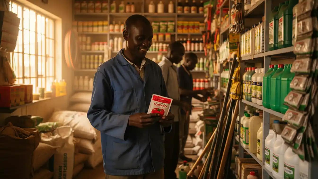 A Kenyan farmer shopping for gardening supplies at an agro-vet shop