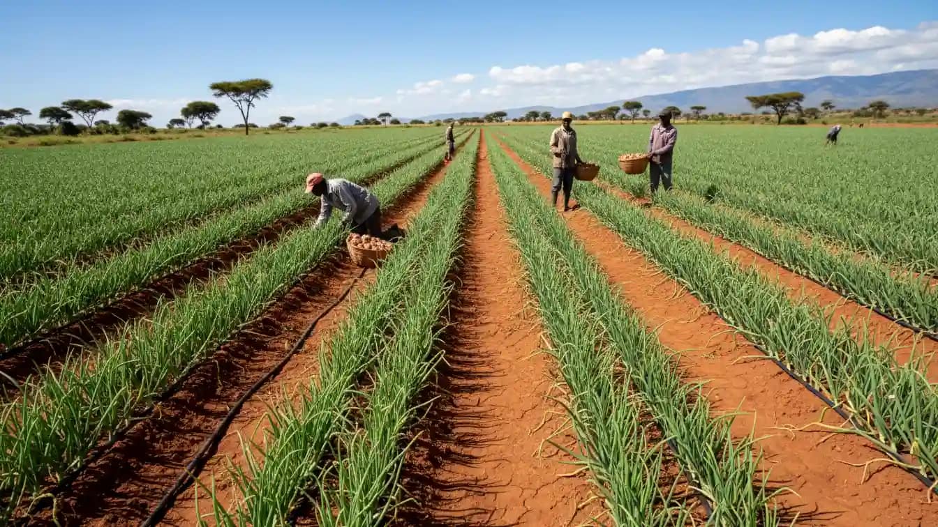 An expansive onion field utilizing drip irrigation lines under the hot sun in Kajiado County