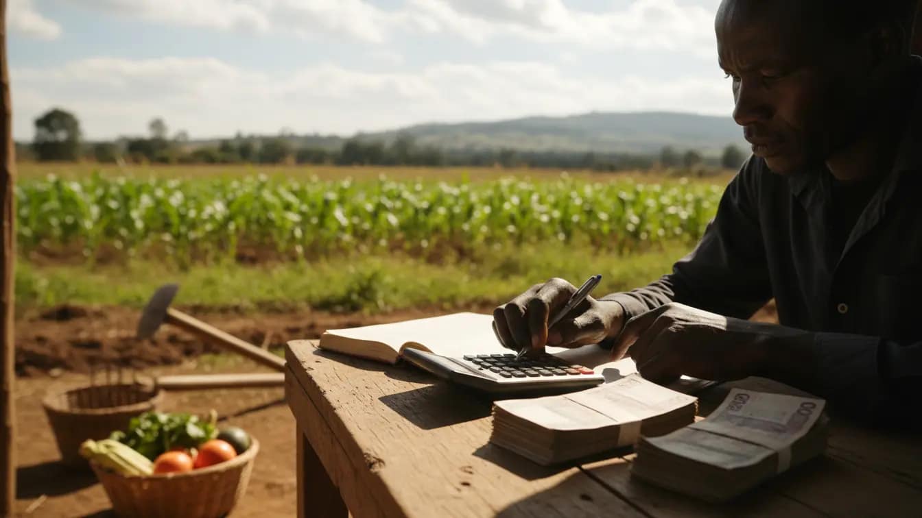 A farmer using a calculator to balance a ledger book with Kenyan Shilling notes on a wooden table