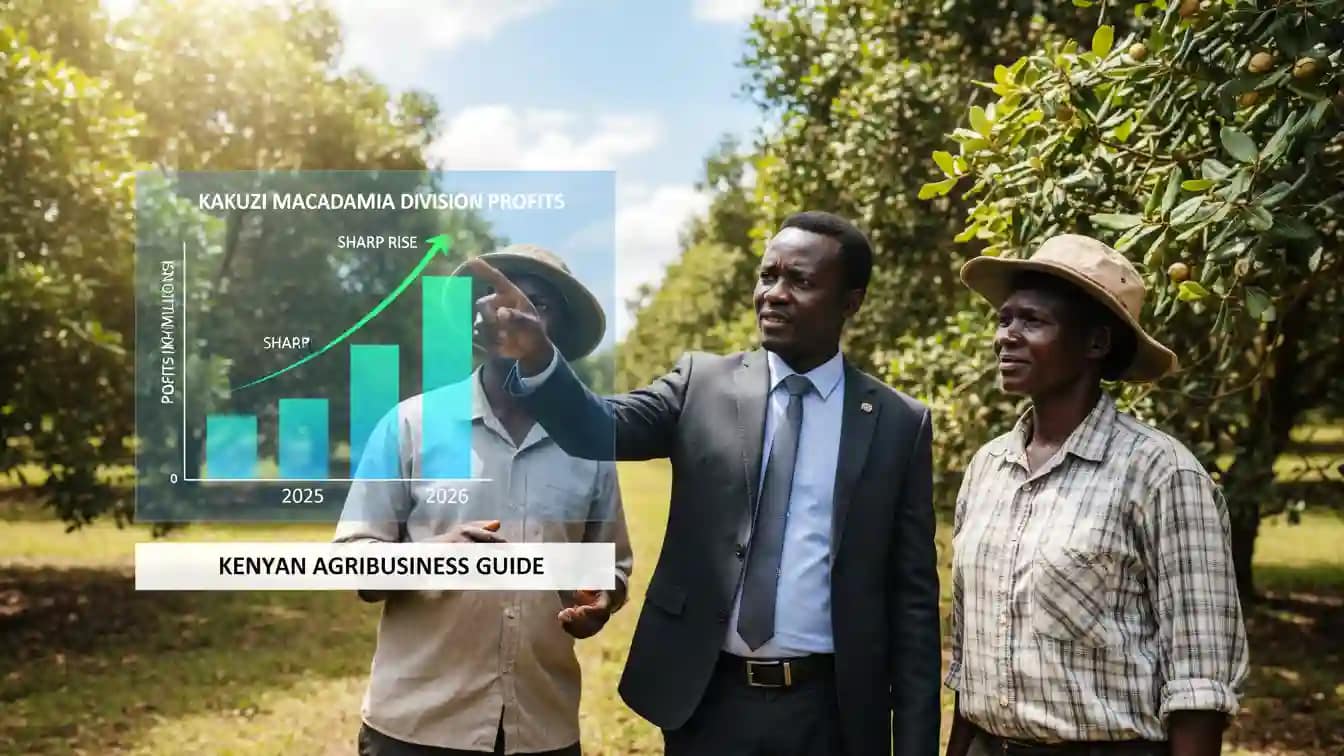 A financial analyst pointing at a digital bar chart showing the sharp rise in Kakuzi's macadamia division profits from 2025 to 2026.