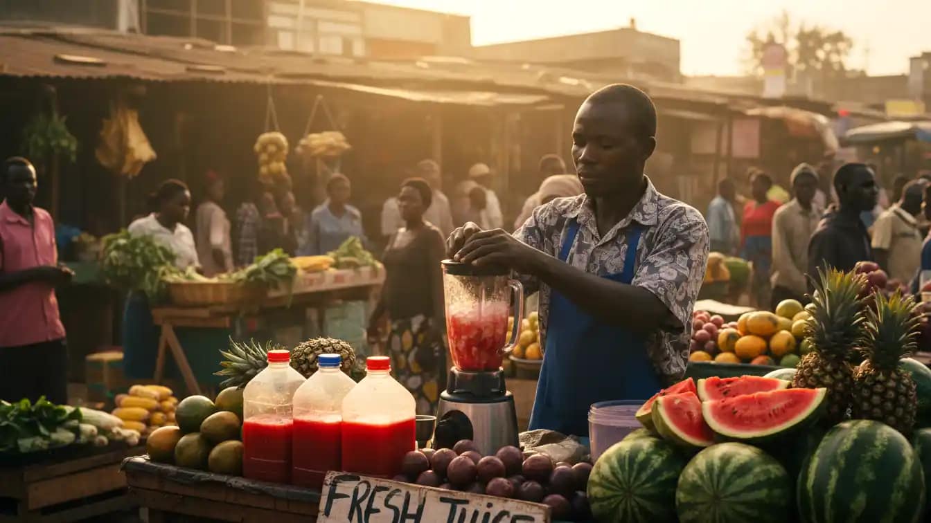 A street vendor blending fresh red watermelon juice at a busy market stall