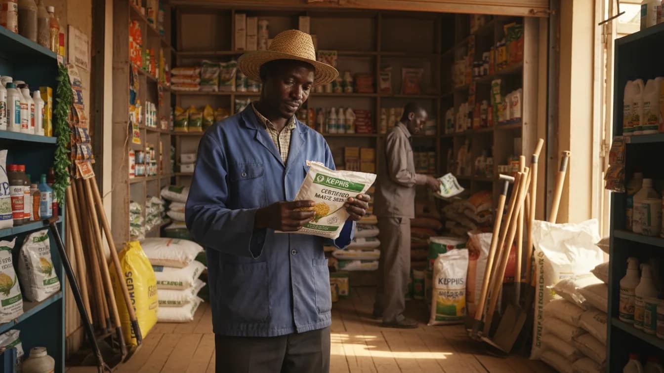 A farmer inspecting a packet of certified maize seeds with a KEPHIS label inside a well-stocked agrovet shop in Eldoret