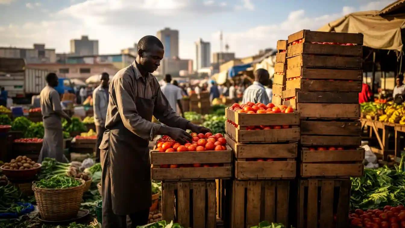 A trader organizing stacks of wooden tomato crates at the busy Wakulima Market in Nairobi.