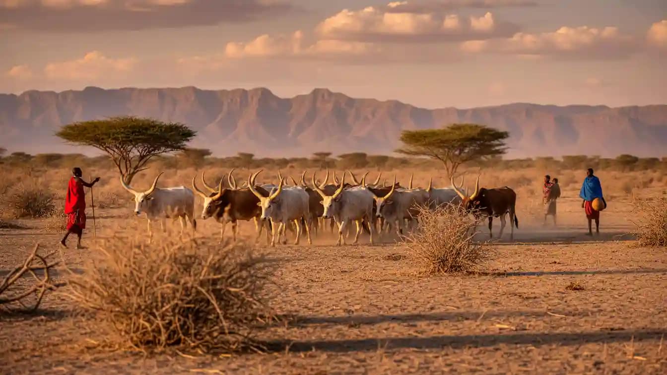 A pastoralist herd of cattle grazing in a semi-arid landscape with dry shrubs