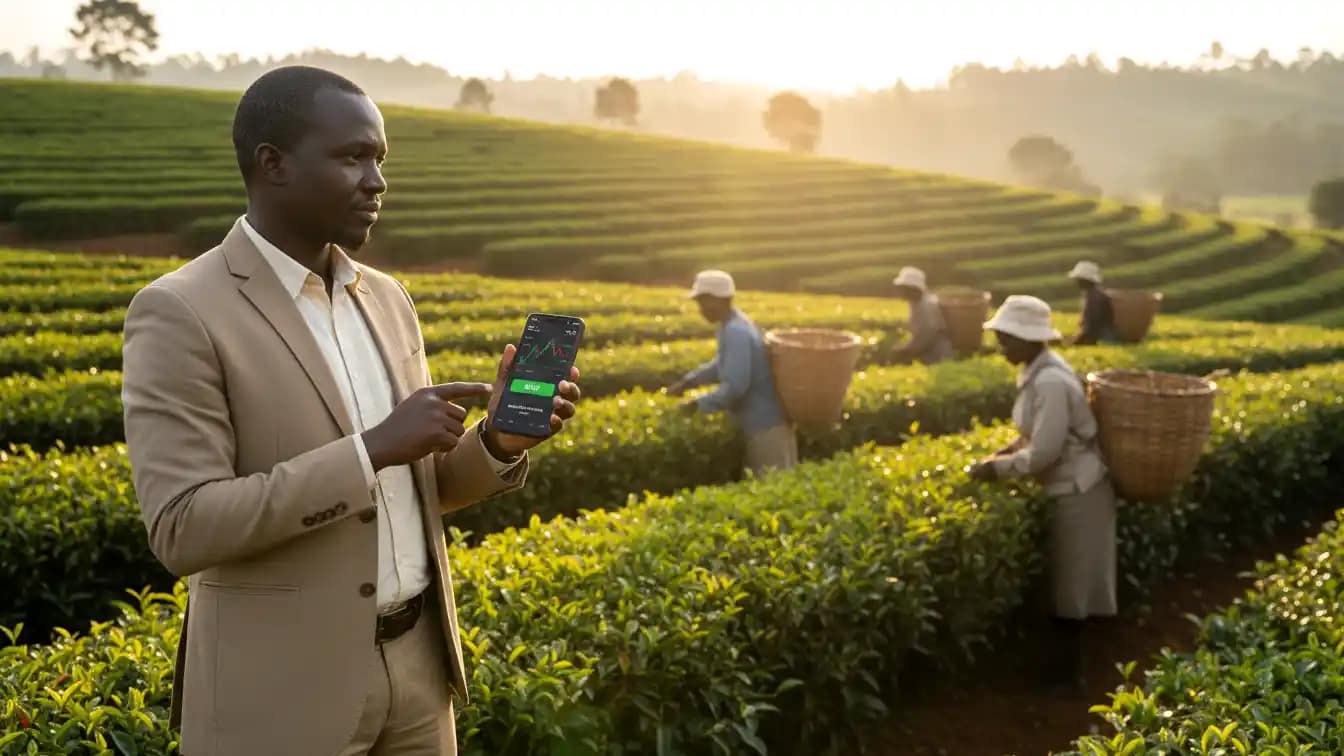 A Kenyan investor using a smartphone app to execute a buy order for KUKZ shares while standing in a tea field.