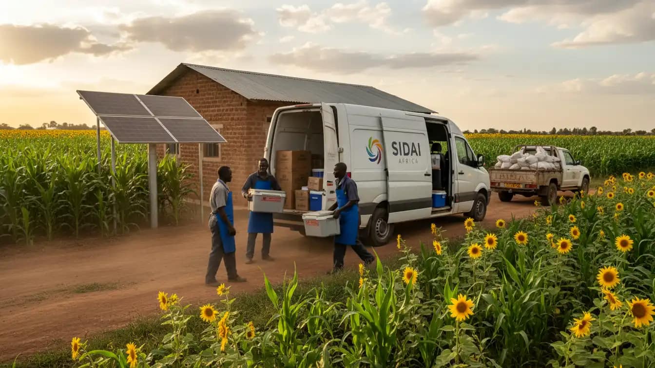 A refrigerated delivery van unloading vaccines and biological inputs at a Sidai Africa hub in Nakuru