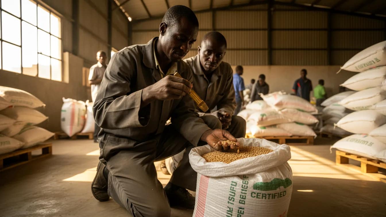 A Kenyan farmer inspecting a bag of certified barley seeds at a Kenya Seed Company depot in Nakuru