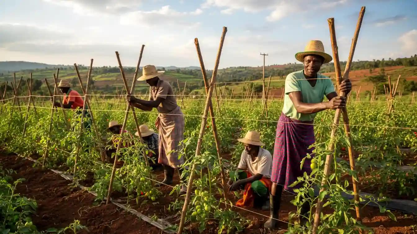 Farm workers installing wooden stakes and tying strings to support tall tomato plants in Meru County.