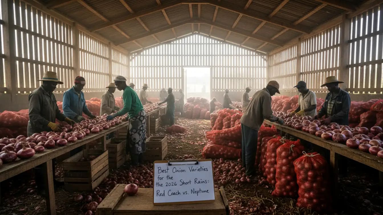 Workers sorting and grading cured onions into red net bags inside a ventilated wooden storage structure in Naivasha