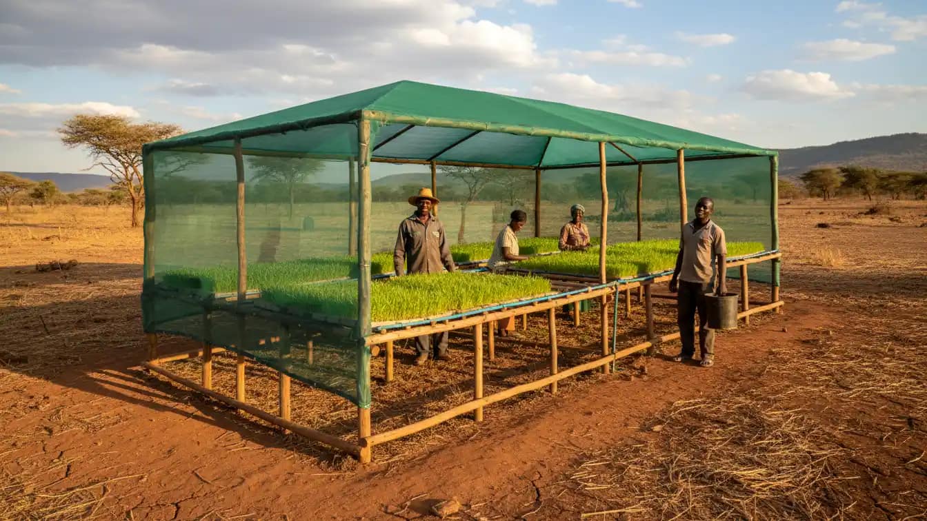 A simple wooden hydroponic fodder structure covered in shade netting situated in the dry landscape of Machakos County