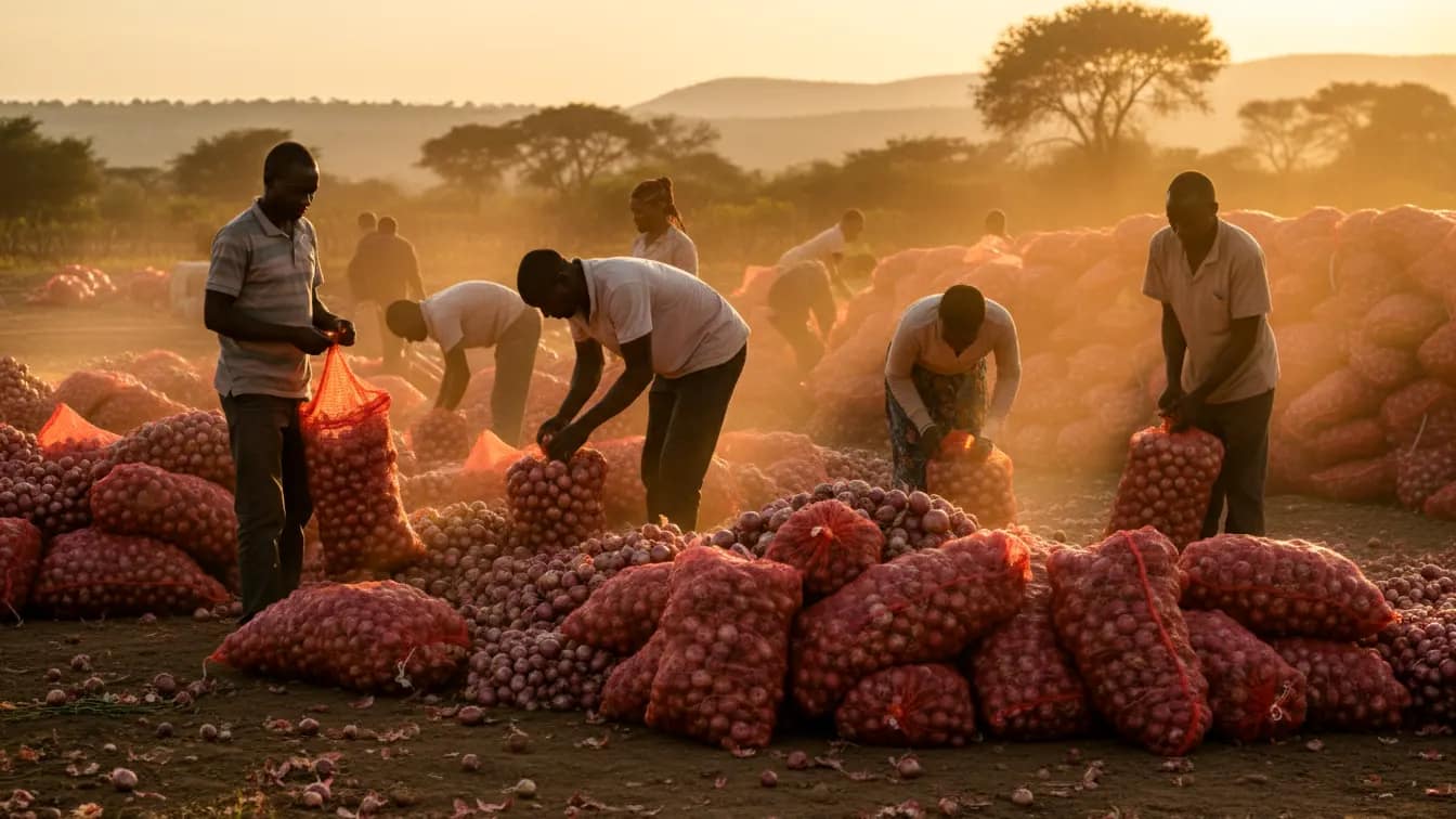 Workers sorting and grading onions into red net bags at a collection center in Naivasha