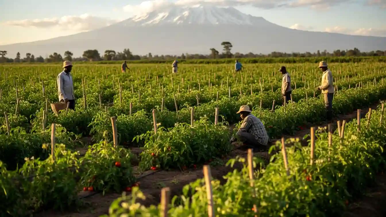 Wide angle shot of a lush green open-field tomato plantation with Mount Kenya visible in the background in Kirinyaga County.
