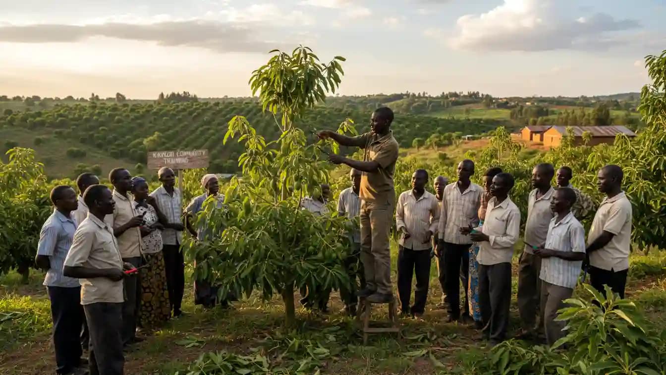 An agricultural officer teaching a group of smallholder farmers how to prune avocado trees at a Kakuzi community training session.